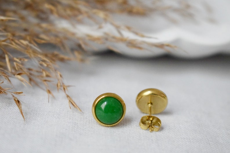 Natural Green Jade Stud Earrings, Minimalist Gold Earrings, 8mm Earrings, Positive Jewelry, Gemstone, Birthday Anniversary Gift For Her image 3