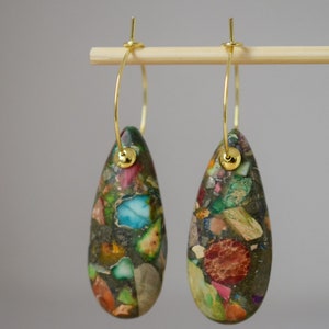 Imperial Jasper Hoop Earrings, 18k gold plated, Teardrop Sea Sediment Jasper, Stainless steel, Gemstone Drop Colorful Dangle Earrings, Gift image 3