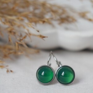 Green agate dangle earrings, Small green gemstone leverback earrings, 8mm round hanging silver earrings, Stainless steel, Handmade jewelry image 3