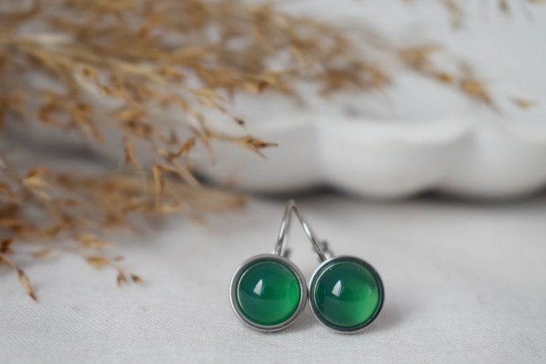 Green agate dangle earrings, Small green gemstone leverback earrings, 8mm round hanging silver earrings, Stainless steel, Handmade jewelry image 3