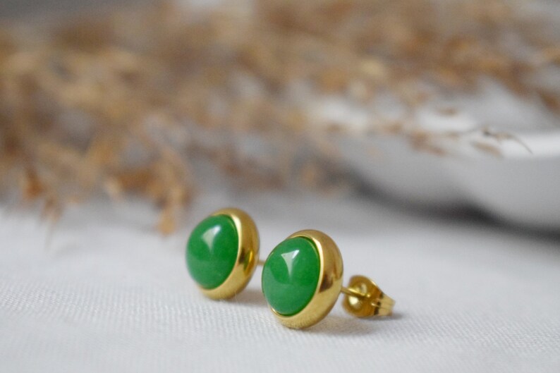 Natural Green Jade Stud Earrings, Minimalist Gold Earrings, 8mm Earrings, Positive Jewelry, Gemstone, Birthday Anniversary Gift For Her image 7