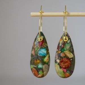 Imperial Jasper Hoop Earrings, 18k gold plated, Teardrop Sea Sediment Jasper, Stainless steel, Gemstone Drop Colorful Dangle Earrings, Gift image 6