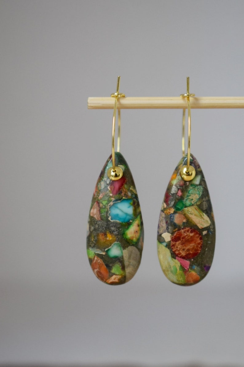 Imperial Jasper Hoop Earrings, 18k gold plated, Teardrop Sea Sediment Jasper, Stainless steel, Gemstone Drop Colorful Dangle Earrings, Gift image 6