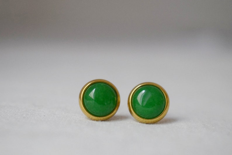 Natural Green Jade Stud Earrings, Minimalist Gold Earrings, 8mm Earrings, Positive Jewelry, Gemstone, Birthday Anniversary Gift For Her image 6
