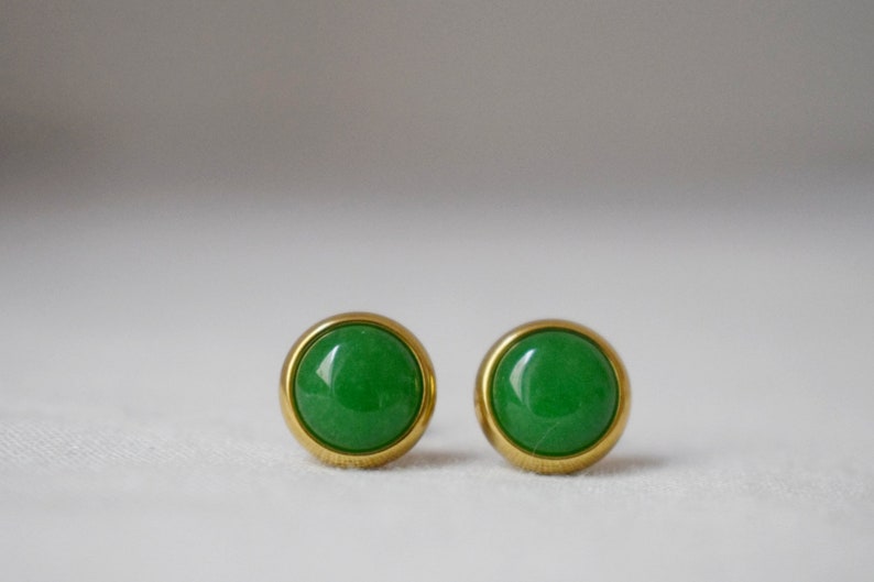 Natural Green Jade Stud Earrings, Minimalist Gold Earrings, 8mm Earrings, Positive Jewelry, Gemstone, Birthday Anniversary Gift For Her image 5