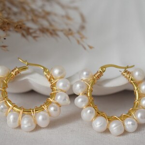 Pearl hoop earrings gold, Pearl Cluster Dangle Earrings, Lever back earrings, Bridesmaid huggies, Wedding pearl earrings, Gift for women