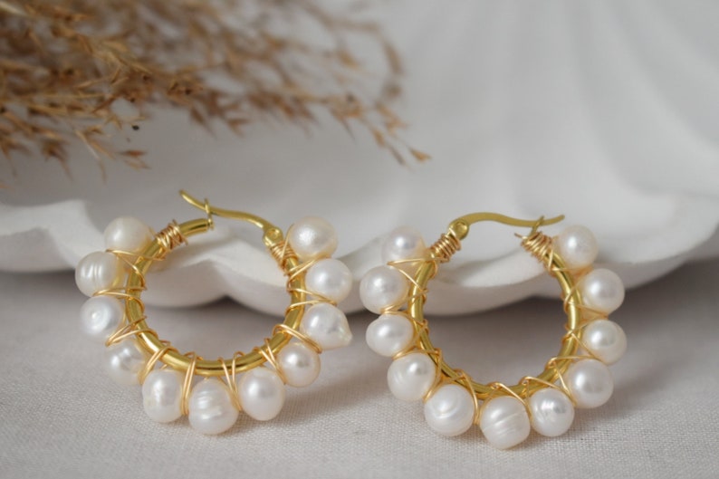 Pearl hoop earrings gold, Pearl Cluster Dangle Earrings, Lever back earrings, Bridesmaid huggies, Wedding pearl earrings, Gift for women