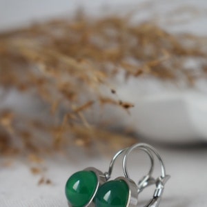 Green agate dangle earrings, Small green gemstone leverback earrings, 8mm round hanging silver earrings, Stainless steel, Handmade jewelry image 7