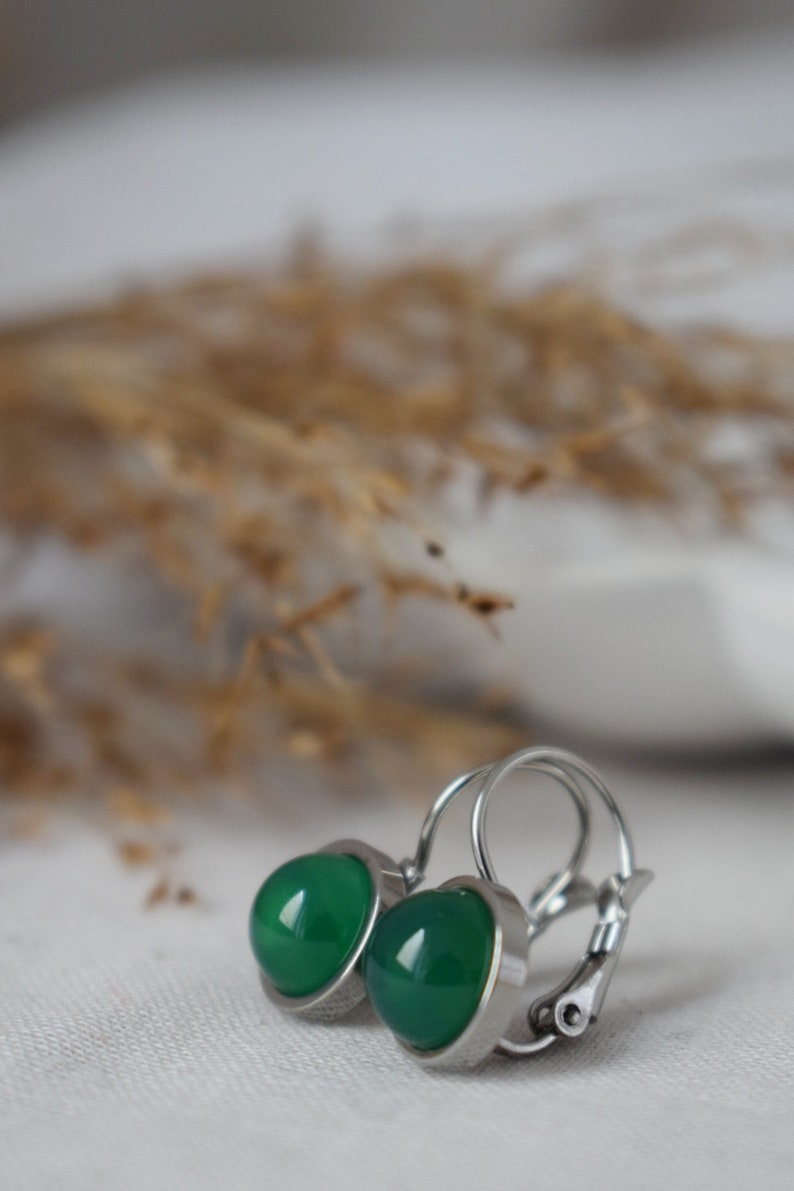 Green agate dangle earrings, Small green gemstone leverback earrings, 8mm round hanging silver earrings, Stainless steel, Handmade jewelry image 7