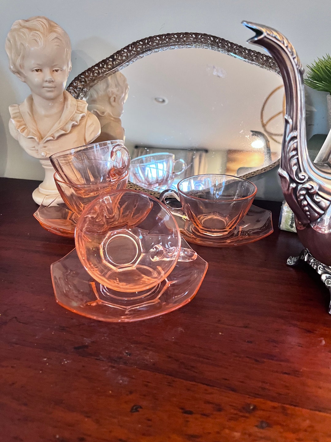 Heisey Flamingo Pink Depression Glass Tea Cups 4 Etsy