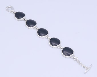 Onyx Round Link Hallmarked Sterling Silver Bracelet