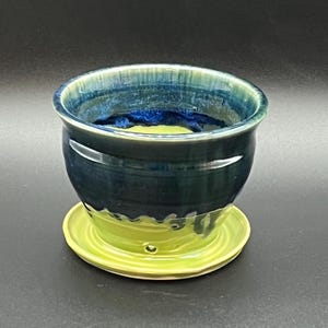 Small Dark Blue and Green Flower or Herb Pot with Attached Drain Dish