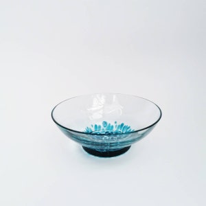 Op de afbeelding: Een kleine, heldere glazen kom met een turquoiseblauw ontwerp. De kom heeft een brede, ondiepe basis en een licht uitlopende rand.