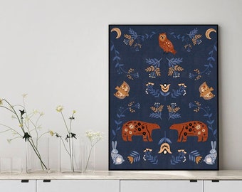 Norwegian Folk Art | Scandinavian Folk Art | Modern Farmhouse | Swedish Folk Art | Woodland Animal | Nordic Wall Art | Navy Blue