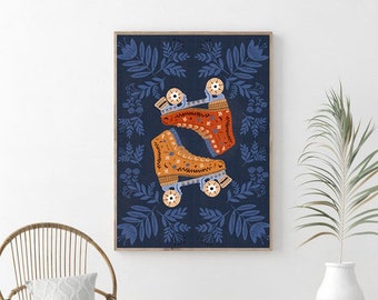 Norwegian Folk Art | Scandinavian Folk Art | Roller Skate Art | Swedish Folk Art | Nordic Wall Art | Navy Blue