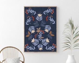 Norwegian Folk Art | Scandinavian Folk Art | Modern Farmhouse | Swedish Folk Art | Woodland Floral | Nordic Wall Art | Navy Blue