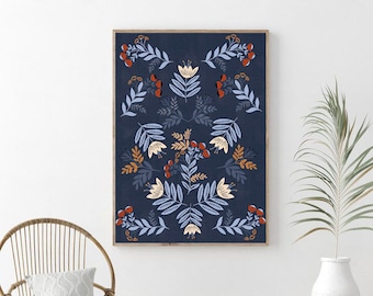 Puede incluir: Una impresión enmarcada con un fondo azul y un patrón simétrico de flores blancas, bayas naranjas y hojas azules.