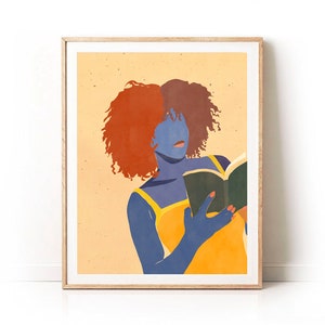 Reading Woman Art Print | Big Natural Hair | Empowered Female Illustration | Boho Wall Art | Minimal Portrait