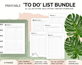 To Do list bundle, Weekly 'to do' list, printable 'To Do' planner, A4/A5/ US Letter, Half Letter, binder, undated journal, dream planners