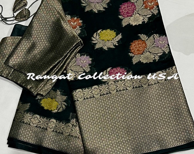 Dark Green Silk Benarus Weaving Georgette saree with blouse
