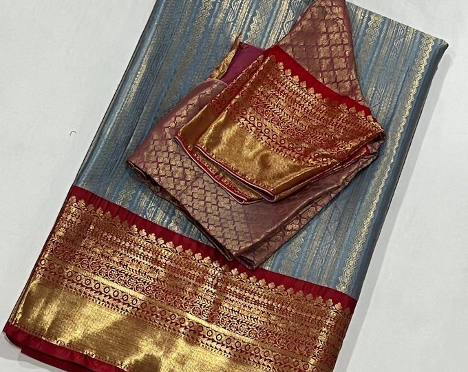 Handloom Kanchi Silk saree with stitched blouse 34-44 inches. All orders ships from Texas, USA!!!!