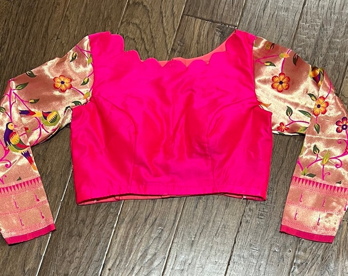 Pink Paithani Silk Stiched Saree Blouse - Full Hands