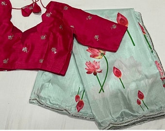 Printed Silk Saree with Embroidery Beaded Border, Ready To Wear Blouse (34-42 inches)