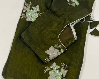 Embroidered Jimmy Choo Silk Saree: Scalloped Border, Adjustable Blouse (Fits 34-42)