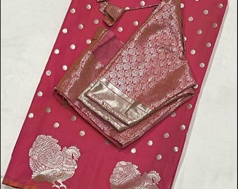 Pink Soft Semi Silk Saree with Silver Zari Work, Adjustable Blouse (34-44)