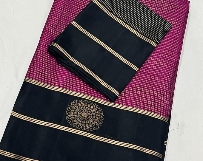 Handloom Pure Silk  Kanchipuram Silk Saree With Contrast Unstitched Blouse