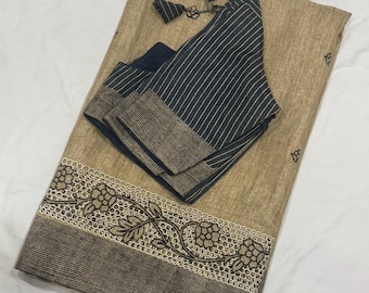 Lightweight Silk Saree with Floral Thread Embroidery, Cutwork Border, and Adjustable Blouse 34-42 size