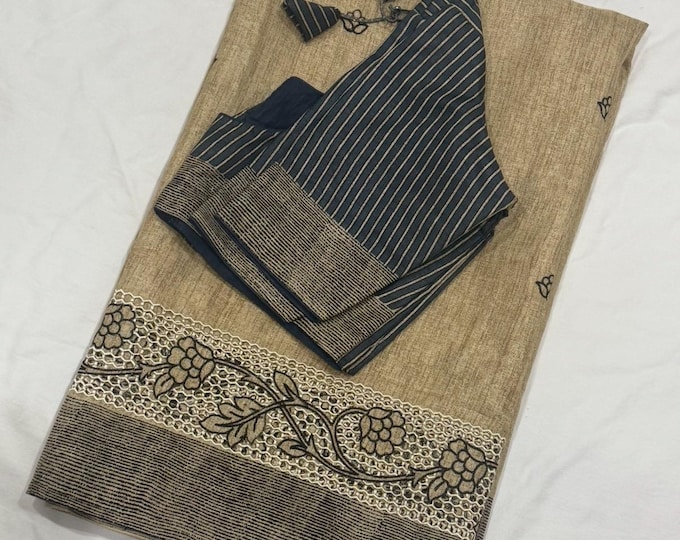 Lightweight Silk Saree with Floral Thread Embroidery, Cutwork Border, and Adjustable Blouse 34-42 size