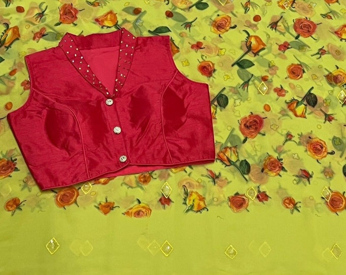 Floral Yellow Georgette Saree Sequence Embroidery border with Blouse