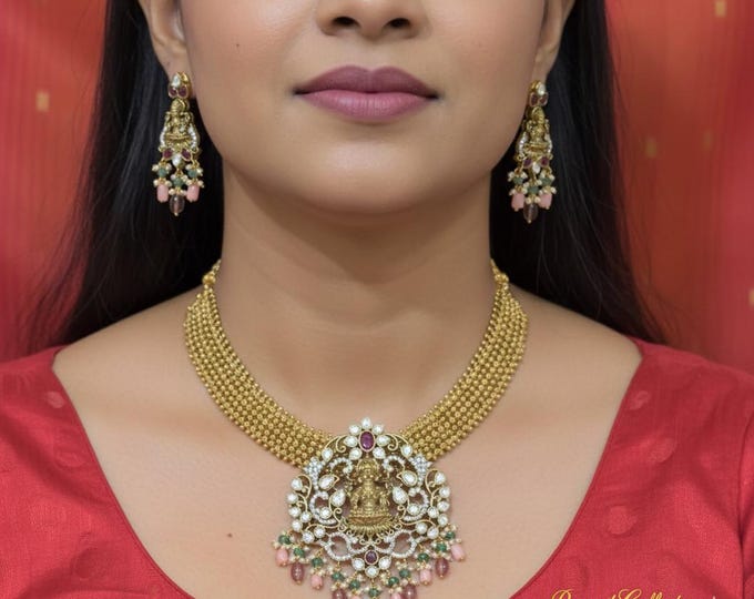 Laksmi Crafted Necklace with Earrings: Grand Gold Tone Jewelry