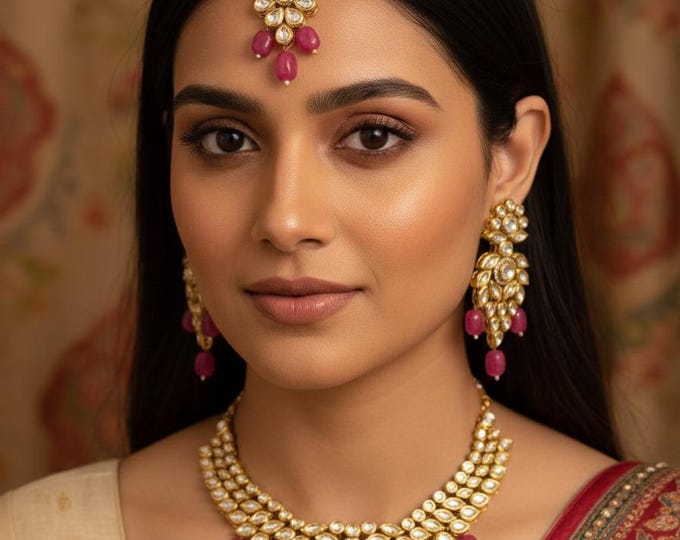 Handmade Kundan Necklace Set: Pink Beads, Earrings & Tikka