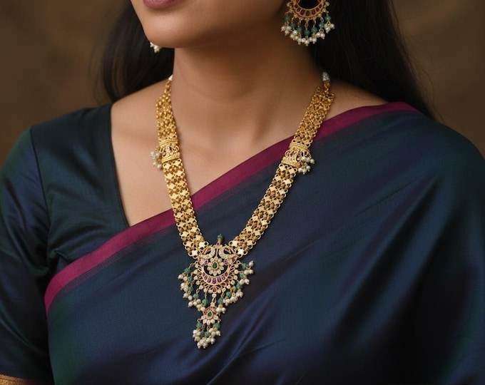Radiant Gold-Plated Necklace with Ruby, Green and White CZ Stones, and Matching Earrings