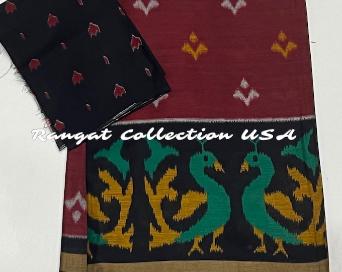 Pure Soft Cotton  Maroon Ikkath printed Saree with unstitched ikkath blouse