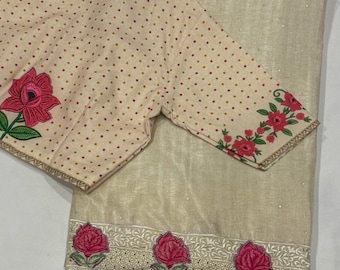 Kalamkari Tussar Floral embroidered Saree: Embroidered Zari Weaving, Stitched Blouse (Size 34-44)