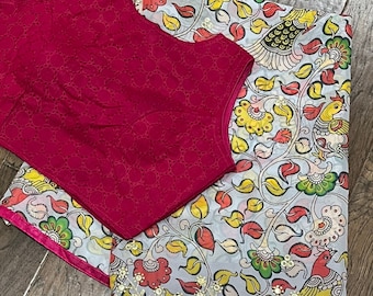 Kalamkari printed with Embroidery Mirror Border Georgette Saree with blouse