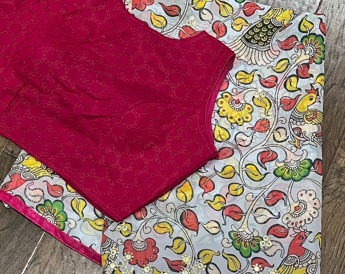Kalamkari printed with Embroidery Mirror Border Georgette Saree with blouse