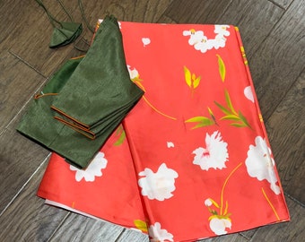 Floral Orange color Satin Saree with Readymade stitched Blouse (Size 34–40, Extendable)