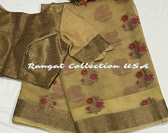 Gold Floral Weaving Tussar Silk Saree with Gold Zari Border & Designer Blouse