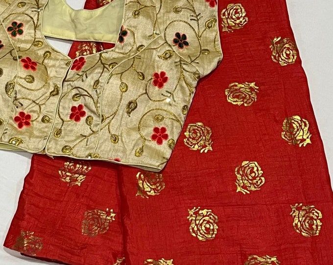 Fancy Red Silk saree with  embroidery blouse fits up to 34-40 inches