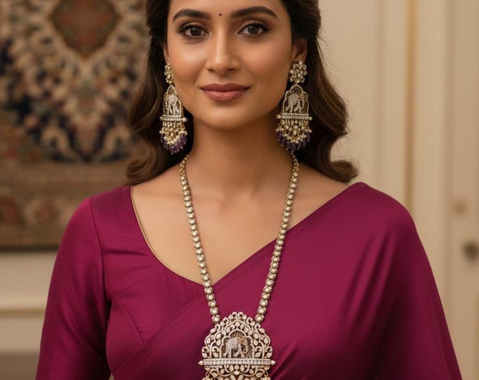 Victorian Long Mala Necklace: Purple Color Beads, Grand Style