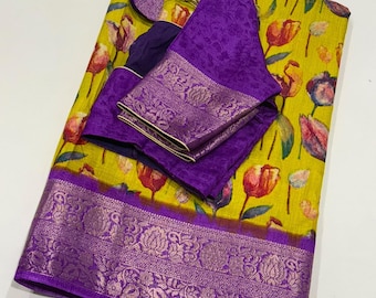 Floral Semi Silk Saree with Stitched Blouse (Size 36-42)