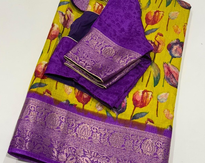 Beautiful combination Floral Soft Semi Silk Saree with Blouse 34-42 size