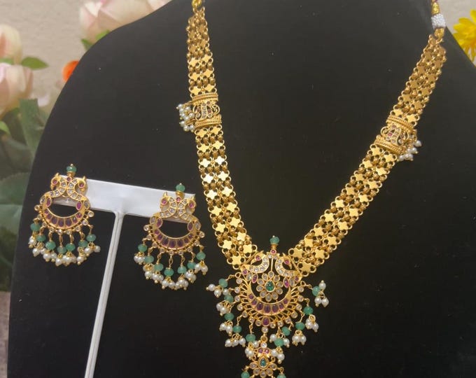 Radiant Gold-Plated Necklace with Ruby, Green and White CZ Stones, and Matching Earrings