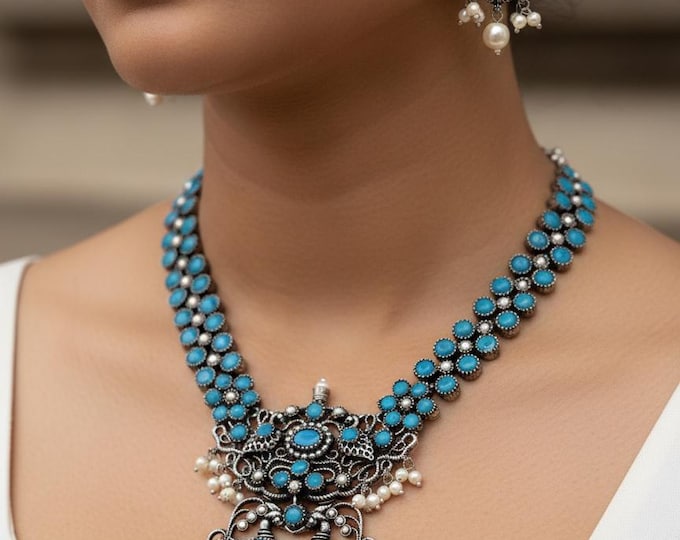 German Silver Necklace & Earrings Set: Navy Blue Stone Jewelry