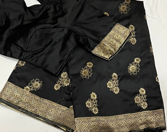 Beautiful Combination Semi Silk Benarus Weaving Black saree with blouse