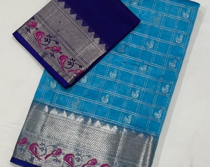 Handloom Pure Silk Kuppadam Saree with Contrast Unstitched Blouse